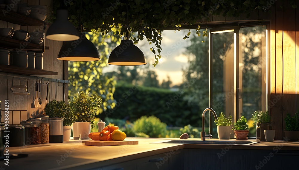 Fototapeta premium Kitchen with a View of Tranquil Garden at Twilight, Warm Pendant Lights and Long Shadows Creating a Relaxing Evening Ambiance