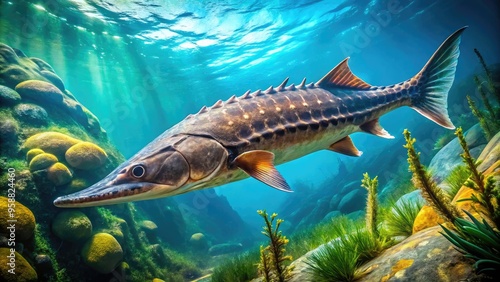 A large ancient sturgeon fish swims in clear blue water, its armor-plated scales and long snout visible, with seaweed and rocks in the background. photo