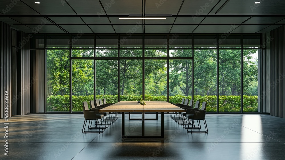 Modern conference room with large windows overlooking a lush green garden. Modern conference room with large windows overlooking a lush green garden.