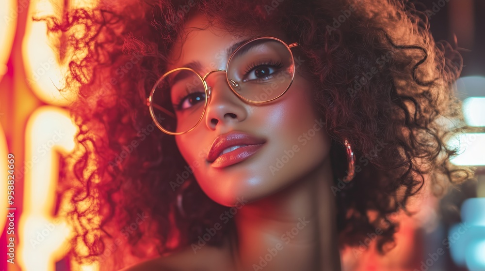 Young woman with curly hair and glasses posing against vibrant neon lights at night in an urban setting Young woman with curly hair and glasses posing against vibrant neon lights at night in an urban setting