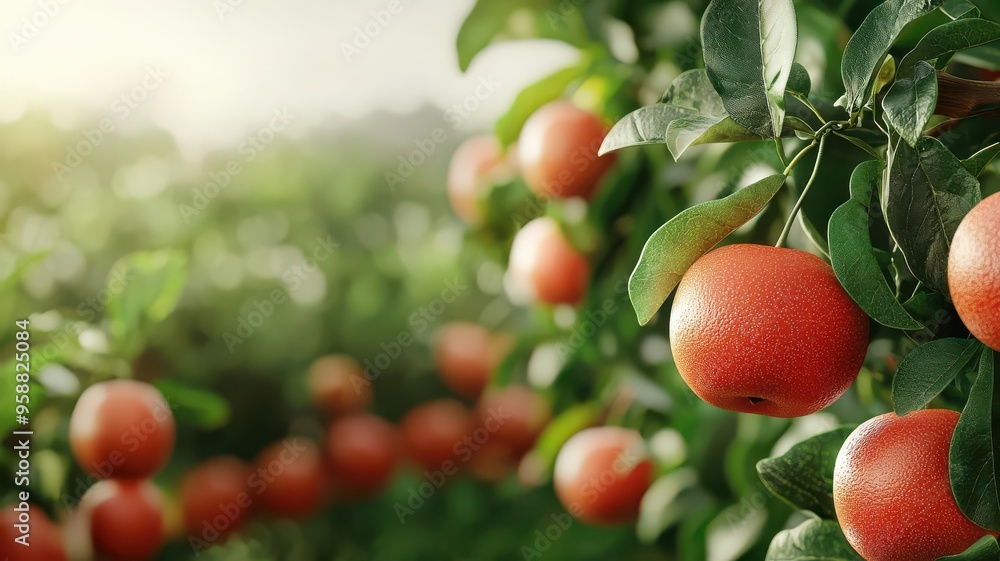 Organic orchard, trees full of various fruits, 3D illustration Organic orchard, trees full of various fruits, 3D illustration