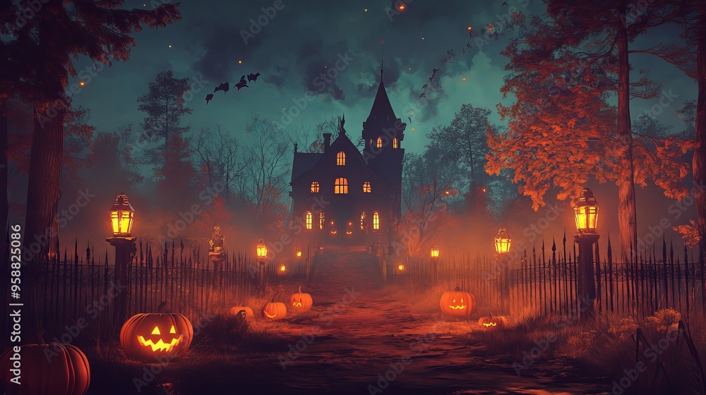 Eerie Halloween Night with Pumpkin Heads and Burning Candles Eerie Halloween Night with Pumpkin Heads and Burning Candles