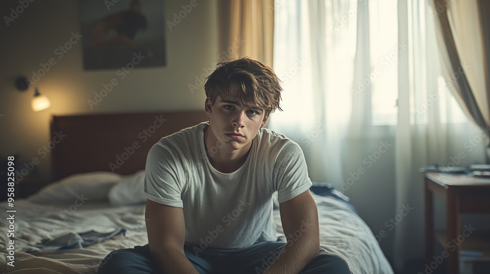 Fototapeta premium Caucasian male sitting on bed, messy room, evening light, worried eyes, tense posture, somber mood.
