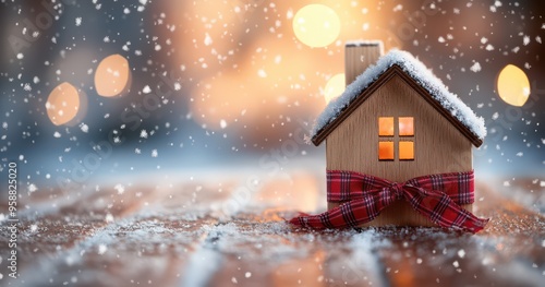 Wallpaper Mural Cozy Christmas Wooden House with Plaid Ribbon Torontodigital.ca