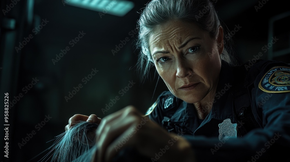 Caucasian female officer collecting hair fibers, victim's clothing, dim room, careful concentration. Caucasian female officer collecting hair fibers, victim's clothing, dim room, careful concentration.