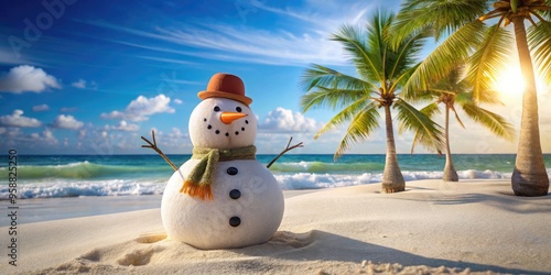 A lone snowman stands amusingly out of place on a sunny beach, its carrot nose and coal eyes contrasting with the tropical palm trees behind.