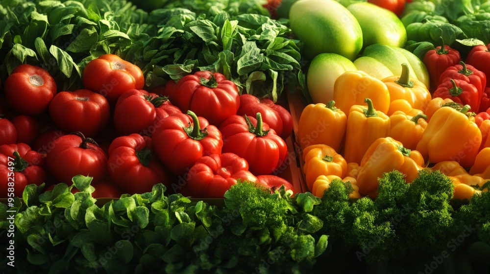 Fresh and colorful vegetables including tomatoes, peppers, and leafy greens, displayed at a market stall, perfect for promoting healthy eating. Fresh and colorful vegetables including tomatoes, peppers, and leafy greens, displayed at a market stall, perfect for promoting healthy eating.