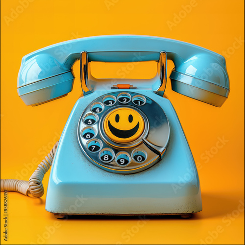 Teléfono fijo, de cable y auricular, azul celeste, dial de números y emoticono amarillo sonriente al centro, decoración retro, vintage, estilo años 70's, fondo amarillo, vista frontal, simpático moda