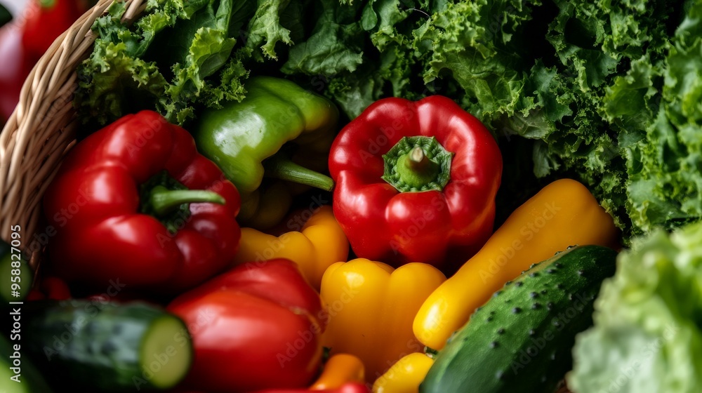 Fresh colorful vegetables including bell peppers, cucumbers, and leafy greens in a bright, vibrant display. Organic food and healthy eating. Fresh colorful vegetables including bell peppers, cucumbers, and leafy greens in a bright, vibrant display. Organic food and healthy eating.