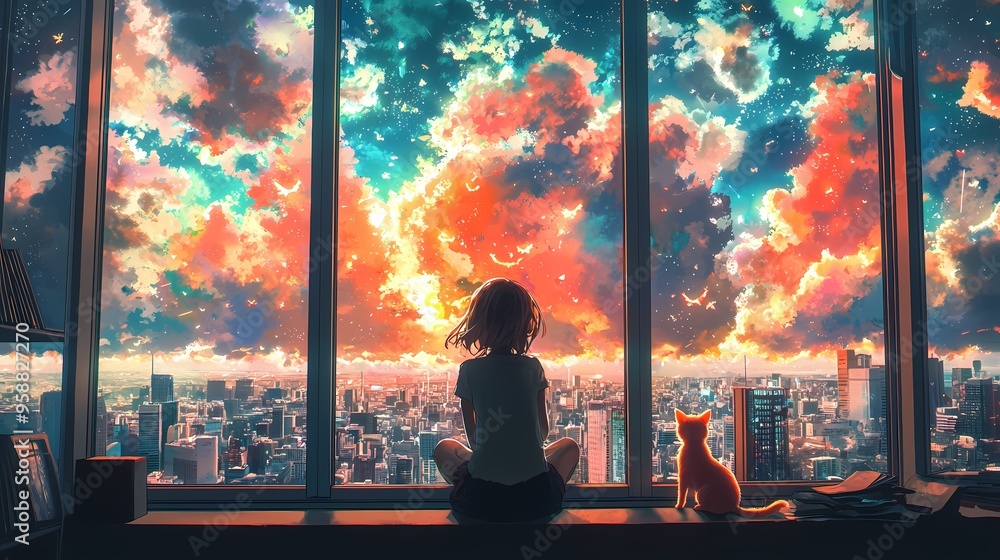 A girl and her orange cat gazing at a vibrant sunset over the city skyline. A girl and her orange cat gazing at a vibrant sunset over the city skyline.