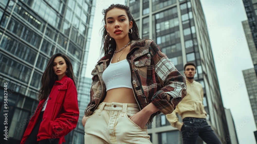 A street style photoshoot with young adults posing in fashionable attire against city backdrops. A street style photoshoot with young adults posing in fashionable attire against city backdrops.