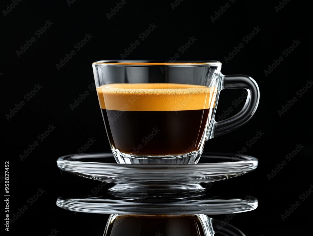 Rich Espresso Shot with Perfect Crema on Black Background for Coffee Shop Menus Rich Espresso Shot with Perfect Crema on Black Background for Coffee Shop Menus