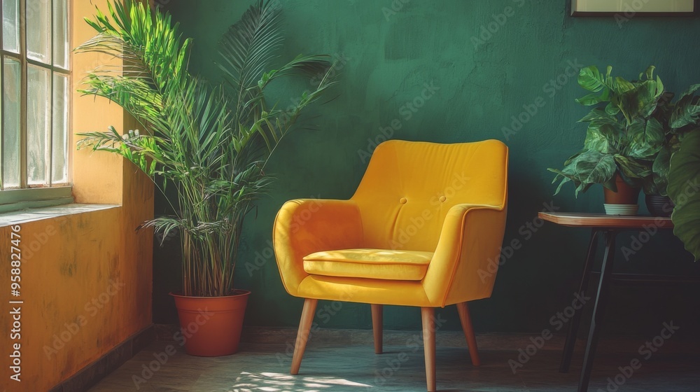 Cozy Reading Nook with Yellow Chair and Potted Plants Cozy Reading Nook with Yellow Chair and Potted Plants