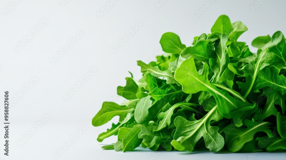Fresh green arugula leaves isolated on a light background, perfect for salads and healthy dishes. Close-up image with vibrant color. Fresh green arugula leaves isolated on a light background, perfect for salads and healthy dishes. Close-up image with vibrant color.