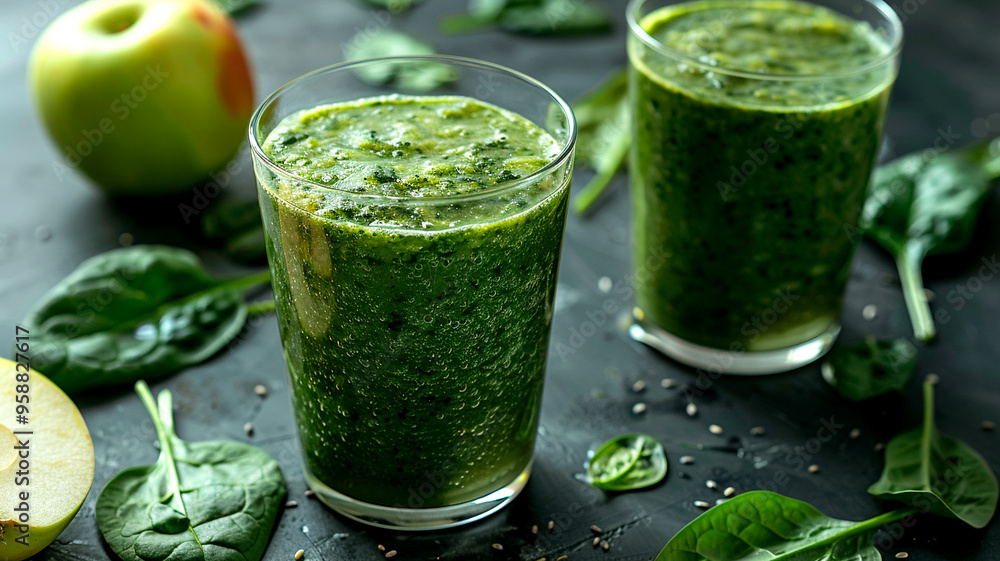 Refreshing green smoothie with spinach and apple on a dark kitchen counter Refreshing green smoothie with spinach and apple on a dark kitchen counter