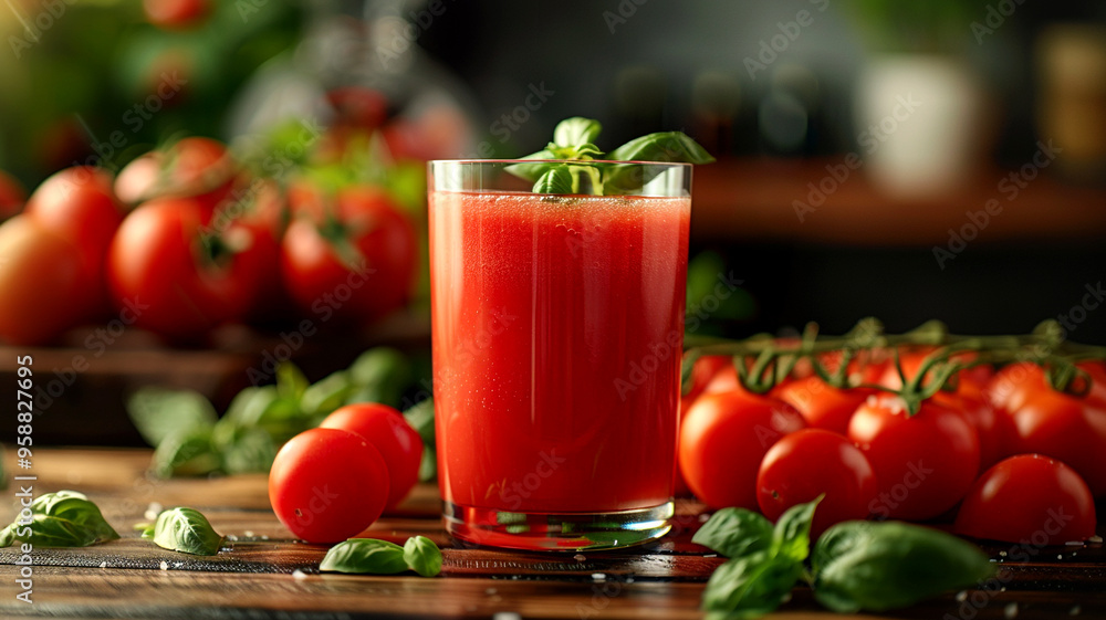 Fresh tomato juice with basil in a rustic kitchen filled with ripe tomatoes Fresh tomato juice with basil in a rustic kitchen filled with ripe tomatoes