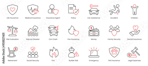 Life Insurance, Medical Insurance, Insurance Agent, Policy, Car Assistance, Accident, Children, Risk Evaluation, Natural Disaster, Car Crash, Fire Insurance, Money, Family Security vector icons