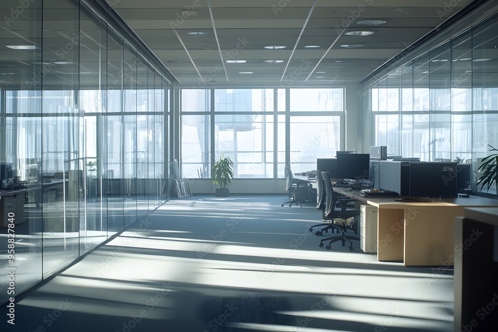 Empty Office Space With Sunlight Streaming Through Windows Empty Office Space With Sunlight Streaming Through Windows