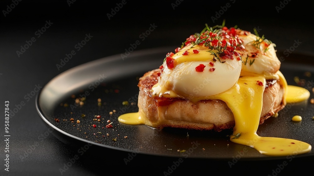 Delicious Gourmet Eggs Benedict with Hollandaise Sauce Close-up on Black Background, Ideal for Brunch Menus Delicious Gourmet Eggs Benedict with Hollandaise Sauce Close-up on Black Background, Ideal for Brunch Menus