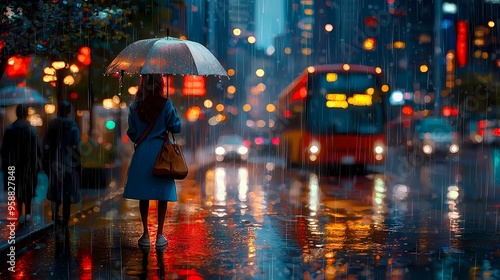 Wallpaper Mural A young woman in a blue coat holds an umbrella in the rain, with city lights glowing around her. Torontodigital.ca