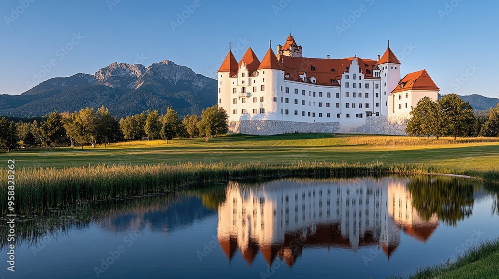 The tranquil scene features Surada Castle reflected in still water, framed by lush trees under a clear blue sky at sunrise in Bischofshofen, Austria during summer The tranquil scene features Surada Castle reflected in still water, framed by lush trees under a clear blue sky at sunrise in Bischofshofen, Austria during summer