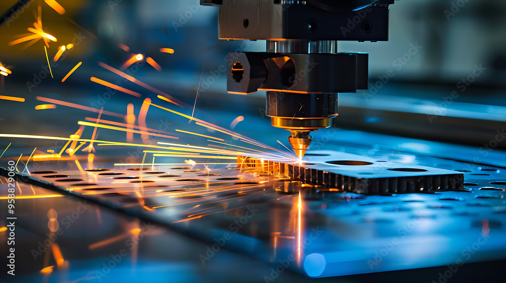A blue laser with a light spark is cutting metal by CNC A blue laser with a light spark is cutting metal by CNC