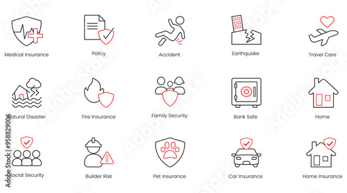 Medical Insurance, Policy, Accident, Earthquake, Travel Care, Natural Disaster, Fire Insurance, Family Security, Bank Safety, Home, Social Security, Builder Risk, Pet Insurance, Car Insurance icons