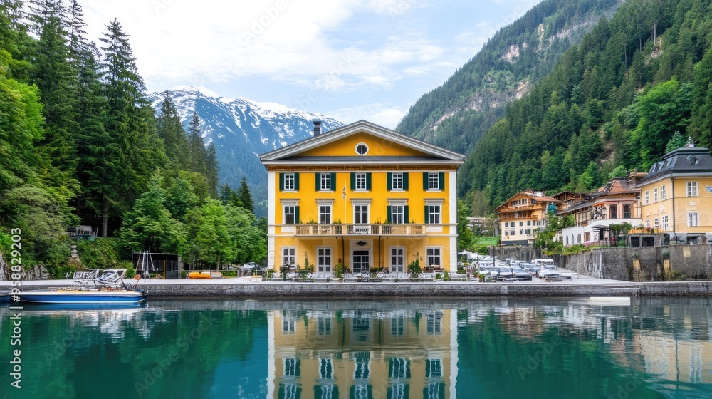 Naklejka premium The tranquil scene features Surada Castle reflected in still water, framed by lush trees under a clear blue sky at sunrise in Bischofshofen, Austria during summer