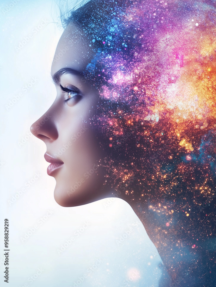 Profile of a woman's face against a cosmic digital backdrop, overlaid with shimmering particles and data, blending humanity with technology and symbolizing a future of AI and consciousness integration Profile of a woman's face against a cosmic digital backdrop, overlaid with shimmering particles and data, blending humanity with technology and symbolizing a future of AI and consciousness integration