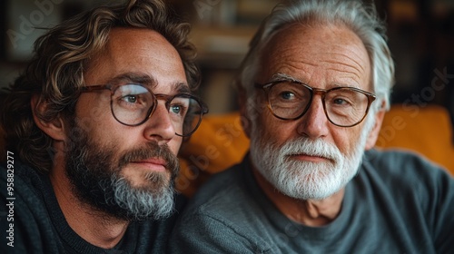 an adult hipster son and senior father sitting on sofa indoors at home talking