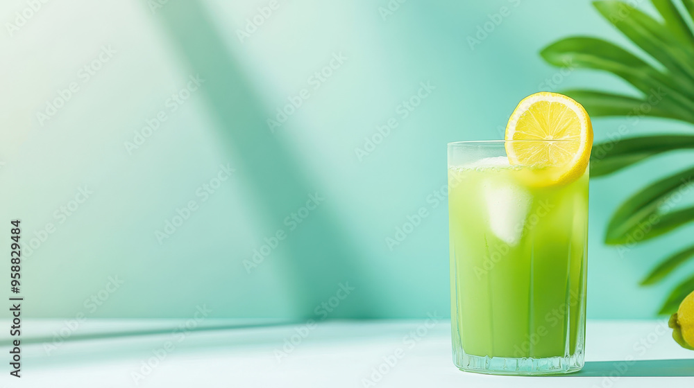 Refreshing green matcha lemon served in a glass, garnished with a lemon slice against a soft mint green background Refreshing green matcha lemon served in a glass, garnished with a lemon slice against a soft mint green background