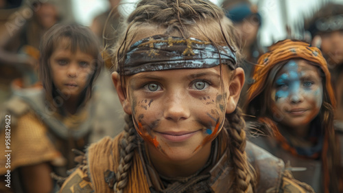 Happy Viking children with paint on their faces