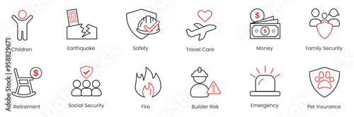 Children, Earthquake, Safety, Travel Care, Money, Family Security, Retirement, Social Security, Fire, Builder Risk, Emergency, Pet Insurance Vector Icon Set