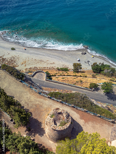 Bova Marina, Italy/Calabria, province of Reggio Calabria, The beach from Rocca del Capo, in the foreground the 16th century Saracen tower