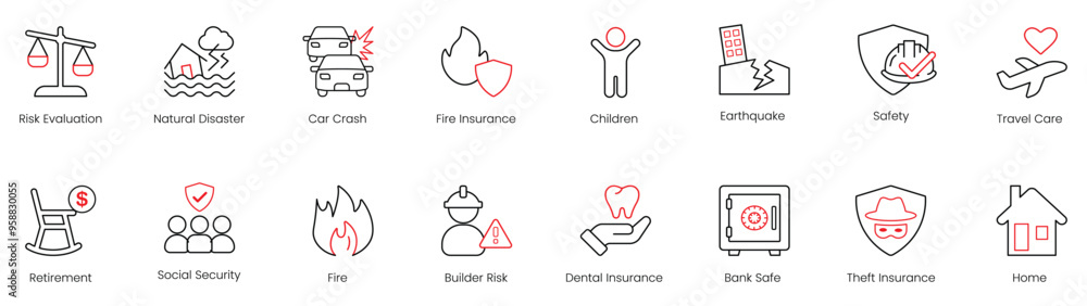 Fototapeta premium Risk Evaluation, Natural Disaster, Car Crash, Fire Insurance, Children, Earthquake, Safety, Travel Care, Retirement, Social Security, Fire, Builder Risk, Dental Insurance, Bank Safety, vector icons 