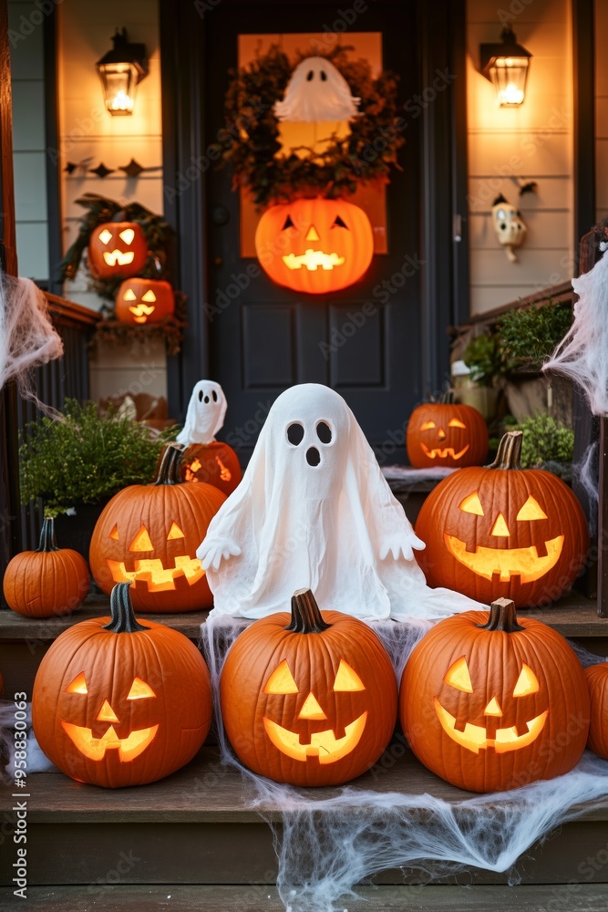 Obraz premium Porch decorated with glowing jack-o-lanterns and a ghost for Halloween night
