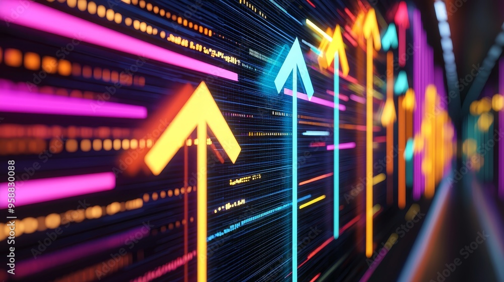 Fototapeta premium Colorful arrows in a digital space filled with data streams, upward movement symbolizing success and technological progress