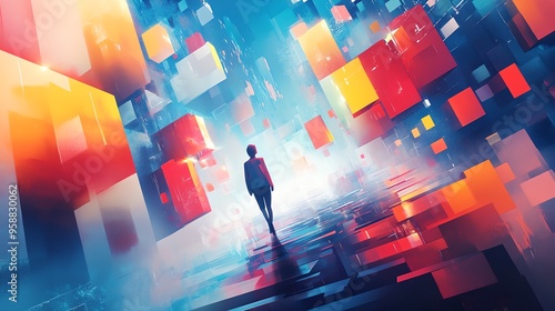 Wallpaper Mural a man standing in front of a colorful background with squares and cubes on it Torontodigital.ca