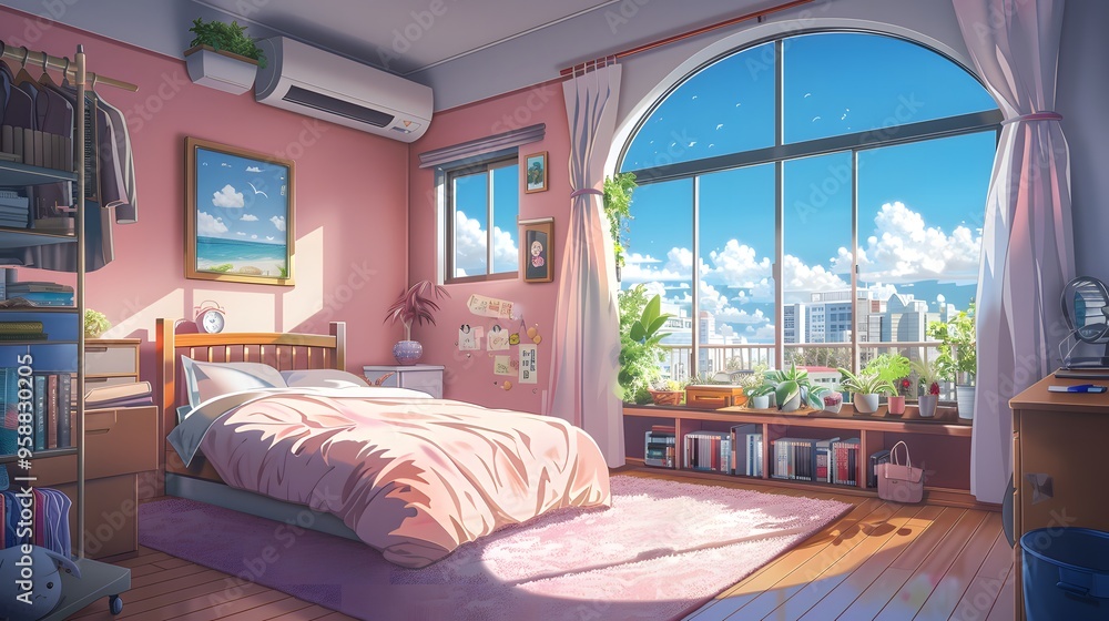 A sunny bedroom with an open window, billowing curtains, and a view of a blue sky with fluffy clouds. A sunny bedroom with an open window, billowing curtains, and a view of a blue sky with fluffy clouds.
