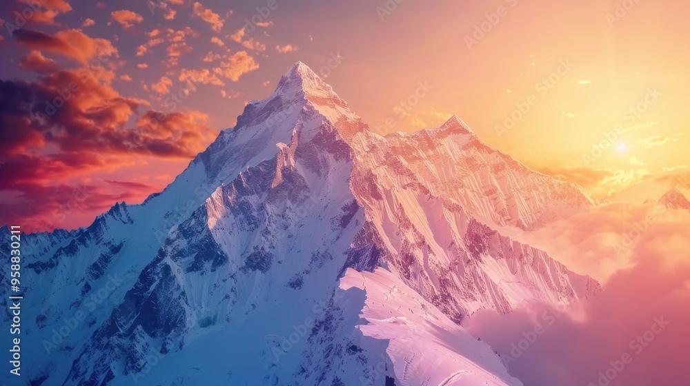 Obraz premium Snowy rocky mountain peak wallpaper, hiker adventure, evening light cloudy sky background.
