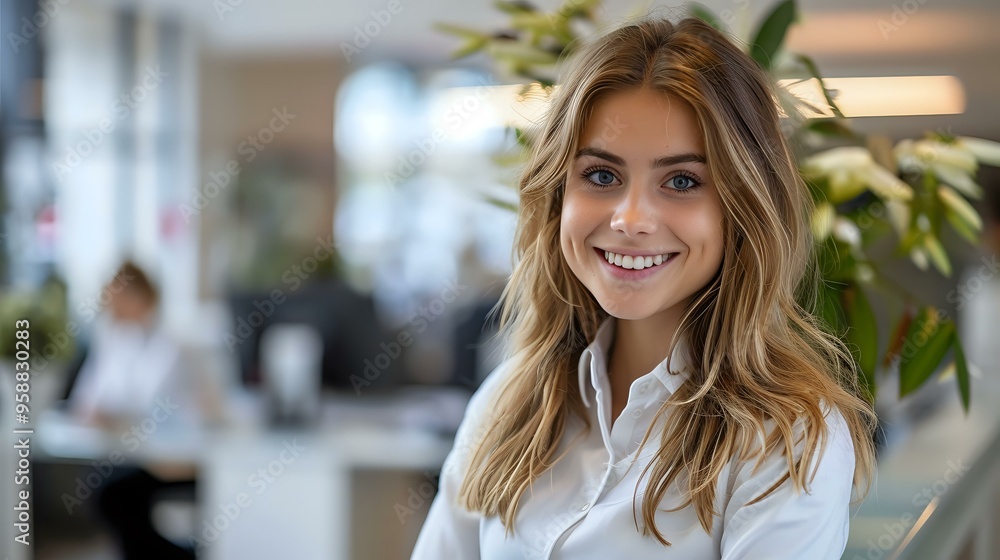 A smiling young professional woman in a modern office environment. Ideal for business, corporate identity, customer service, or professional workplace themes. A smiling young professional woman in a modern office environment. Ideal for business, corporate identity, customer service, or professional workplace themes.