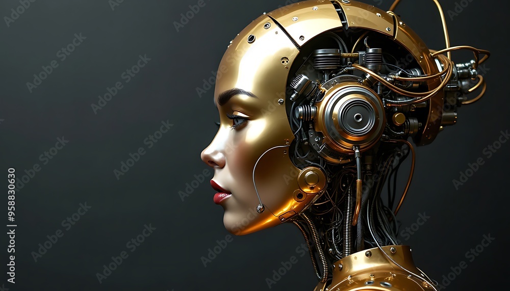 A close-up profile of a robotic woman with gold skin and exposed wires and gears. A close-up profile of a robotic woman with gold skin and exposed wires and gears.