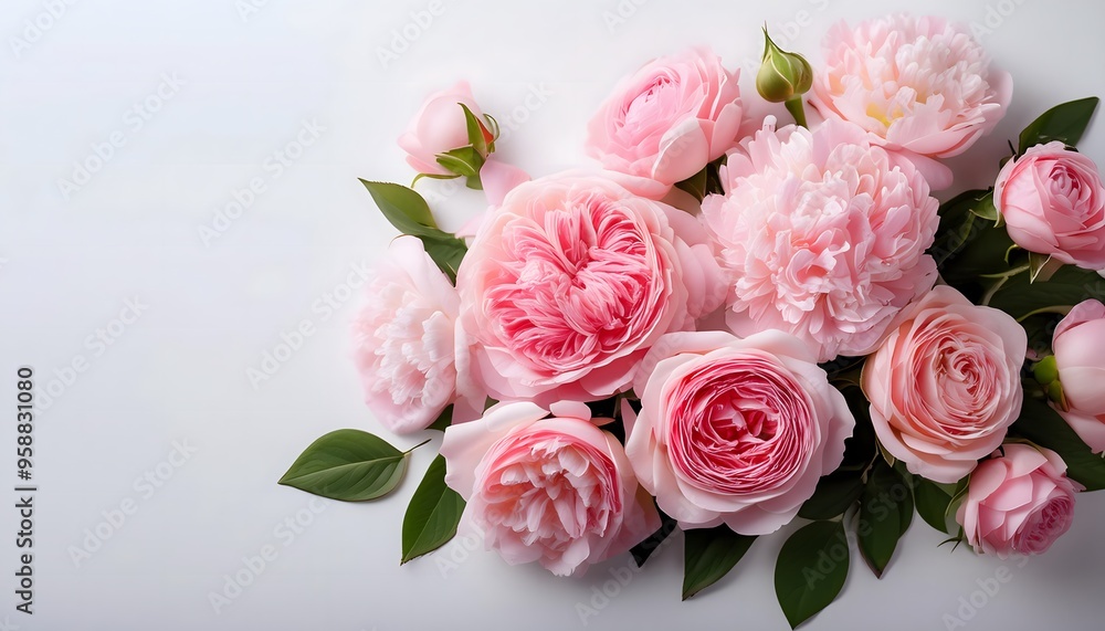 Elegant Bouquet of Bold Pink Roses and Peonies on White Background Elegant Bouquet of Bold Pink Roses and Peonies on White Background