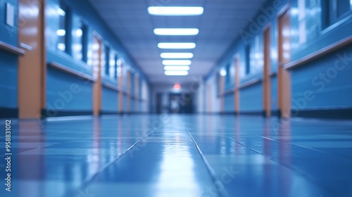 a long hallway with blue walls