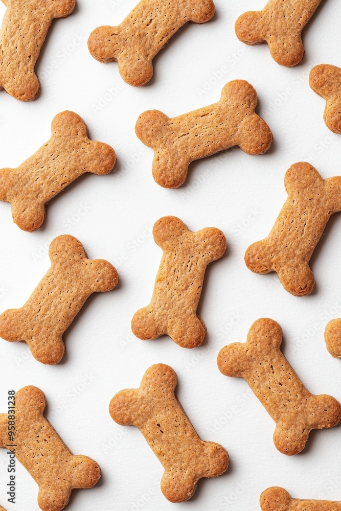 Golden-brown dog biscuits in bone shapes, scattered across a plain white surface, highlighting homemade and nutritious pet treats Golden-brown dog biscuits in bone shapes, scattered across a plain white surface, highlighting homemade and nutritious pet treats
