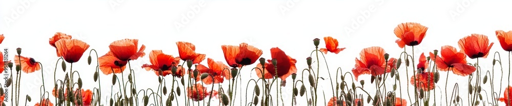 Naklejka premium This banner design features beautiful red poppies on a white background.