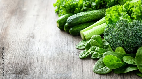 Fresh green vegetables like broccoli, spinach, lettuce, and cucumbers on a rustic wooden table, promoting healthy eating and organic produce.