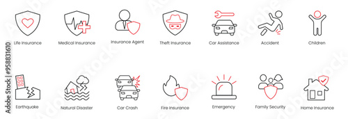 Life Insurance, Medical Insurance, Agent, Theft Insurance, Car Assistance, Accident, Children, Earthquake, Natural Disasters, Car Crash, Fire Insurance, Emergency, Family Security vector icons 