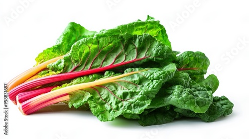 Fresh, vibrant Swiss chard leaves with colorful, crisp stems placed on a white background, ideal for healthy food and vegetable concepts.