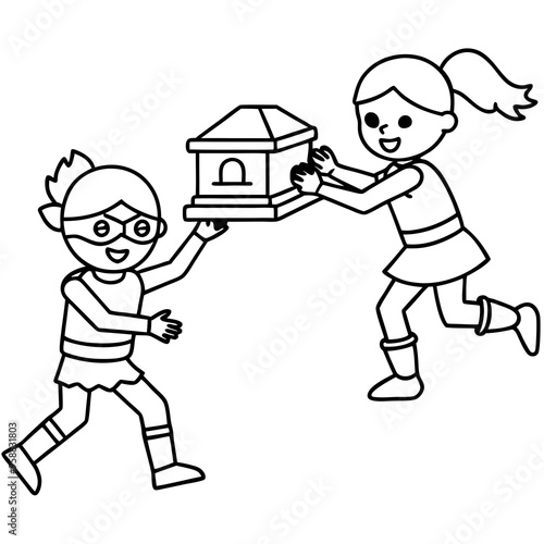 Superhero kids stopping a bank robbery,